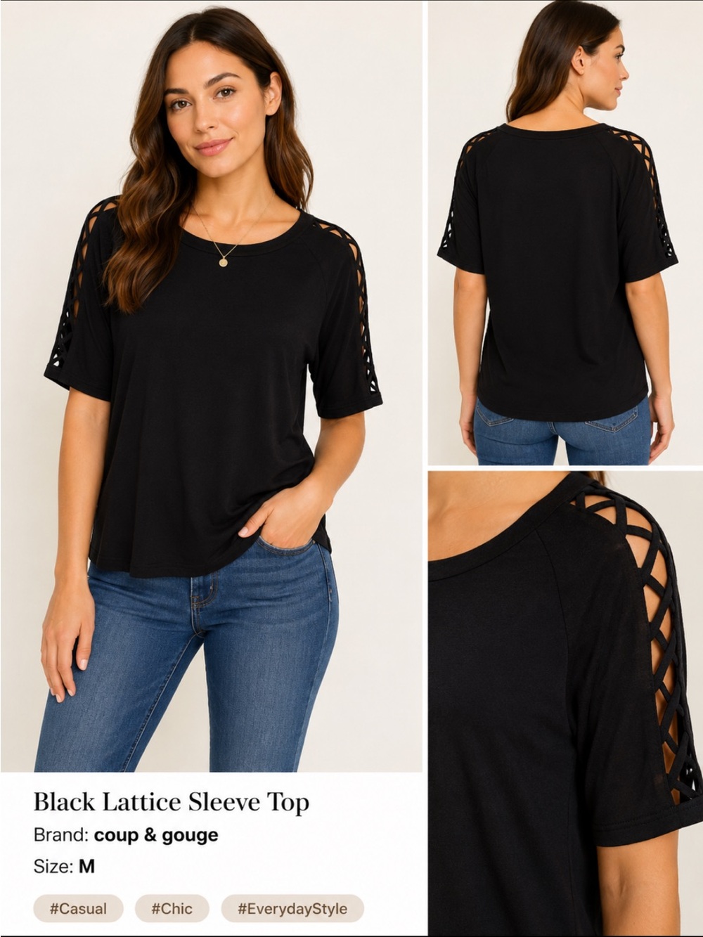 Cable & Gauge Black Short Sleeve Top with Lattice Sleeve Detail